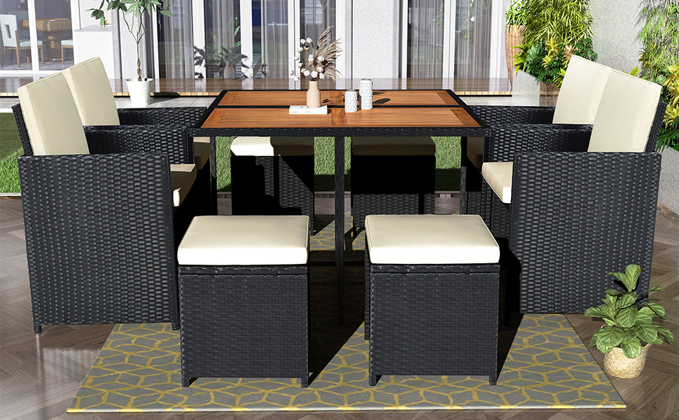 Ensemble de salle à manger TOPMAX Patio en osier PE toutes saisons avec plateau en bois pour 8 personnes, rotin noir et coussin beige (9 pièces)
