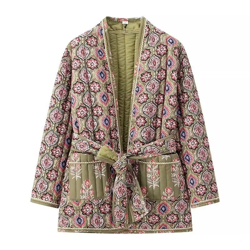 Stylish Printed Belted Cotton Coat for Women