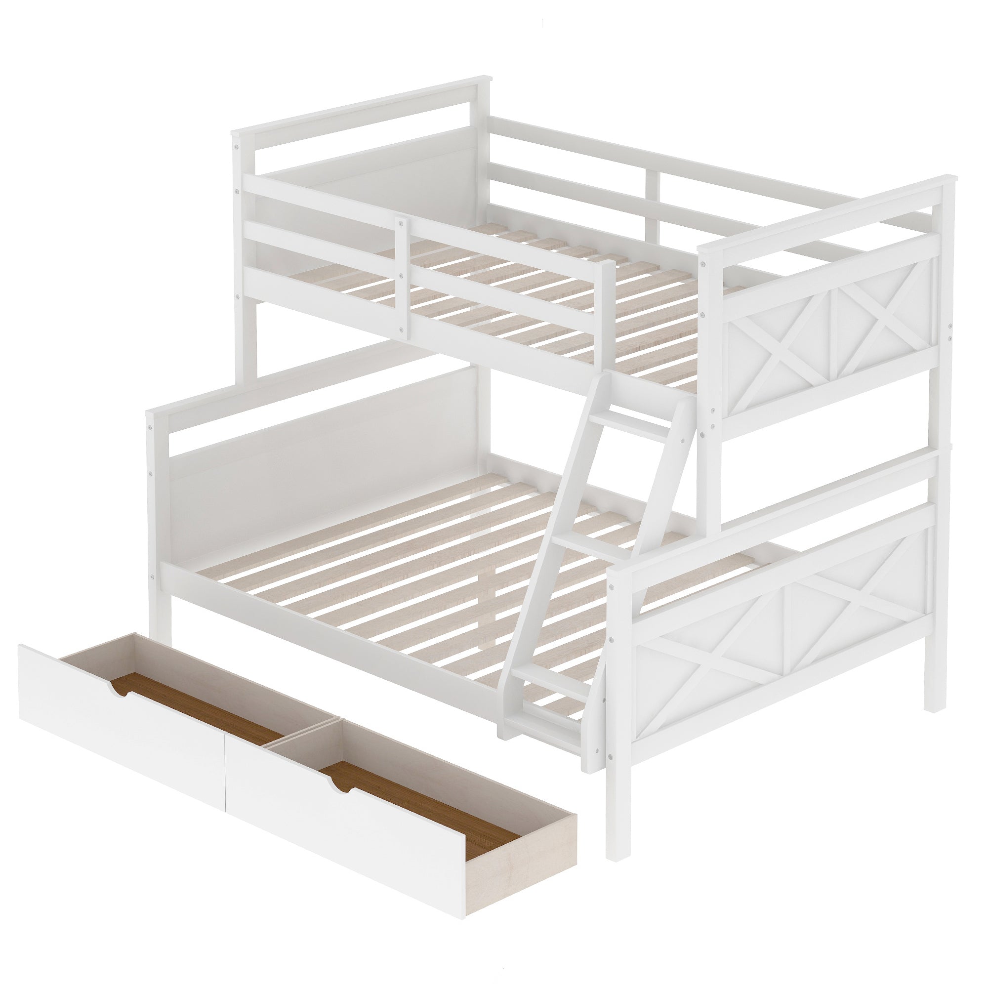 Twin over Full Bunk Bed with Ladder, Two Storage Drawers, Safety Guardrail White