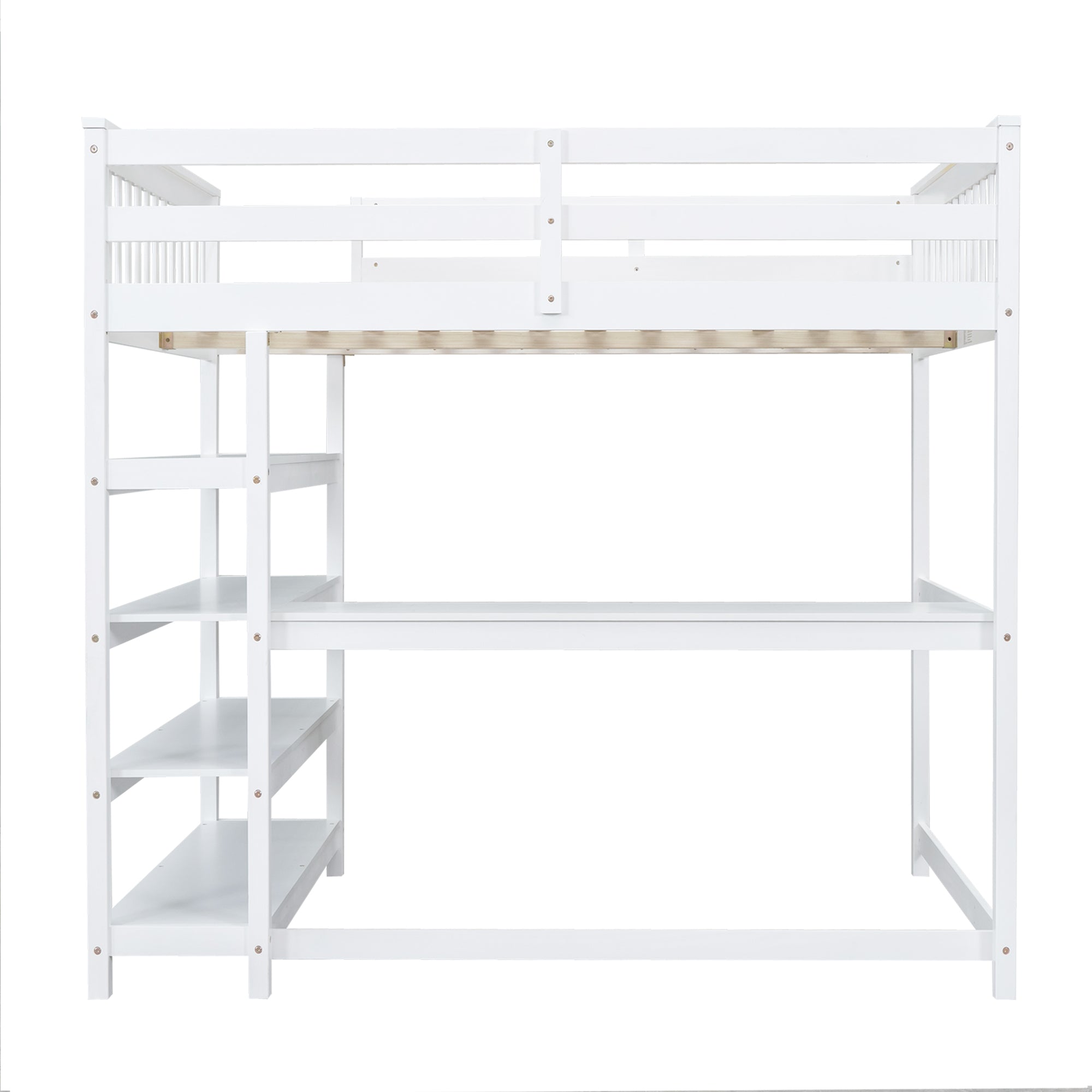 Full Size Loft Bed with Storage Shelves and Under-bed Desk White