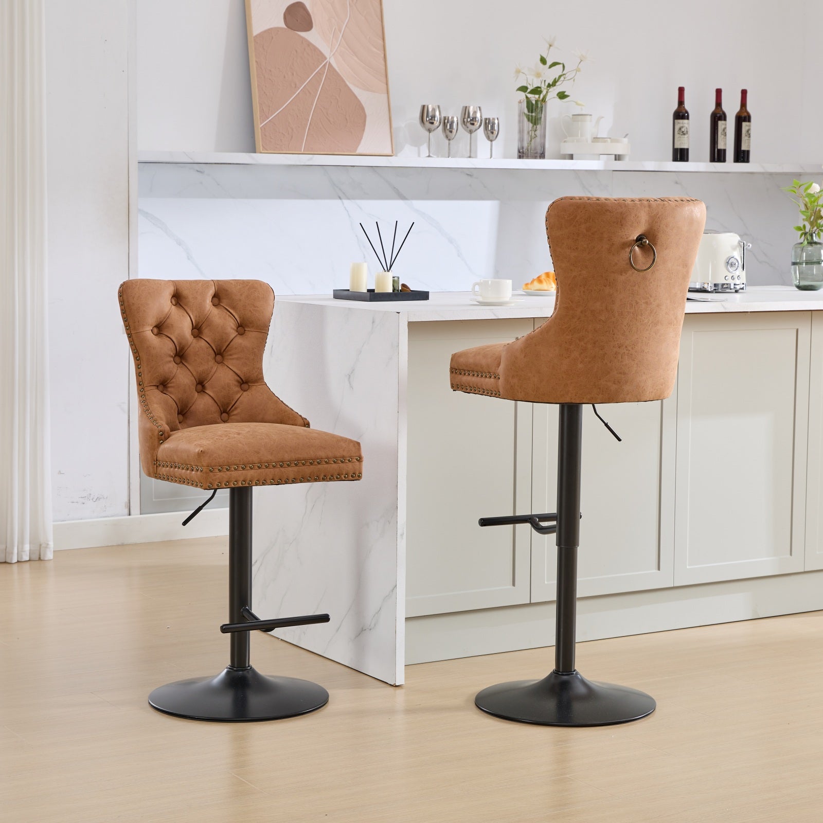 Tabouret de bar rotatif vintage en PU, hauteur d'assise réglable de 25 à 33 pouces, tabouret de bar moderne (orange, ensemble de 2 pièces)