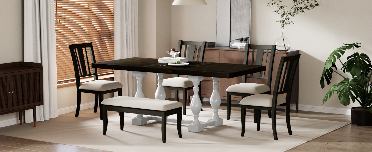 Ensemble de table à manger extensible traditionnelle à tréteaux de 6 pièces de 78 pouces avec rallonge amovible de 18 pouces, blanc vieilli