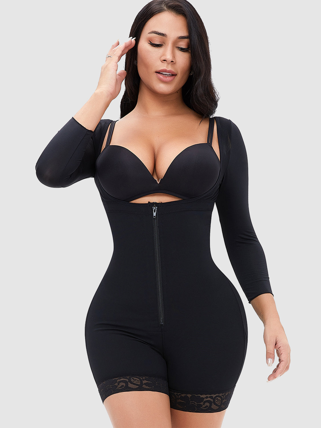 Shapewear à manches longues avec fermeture éclair et détails en dentelle