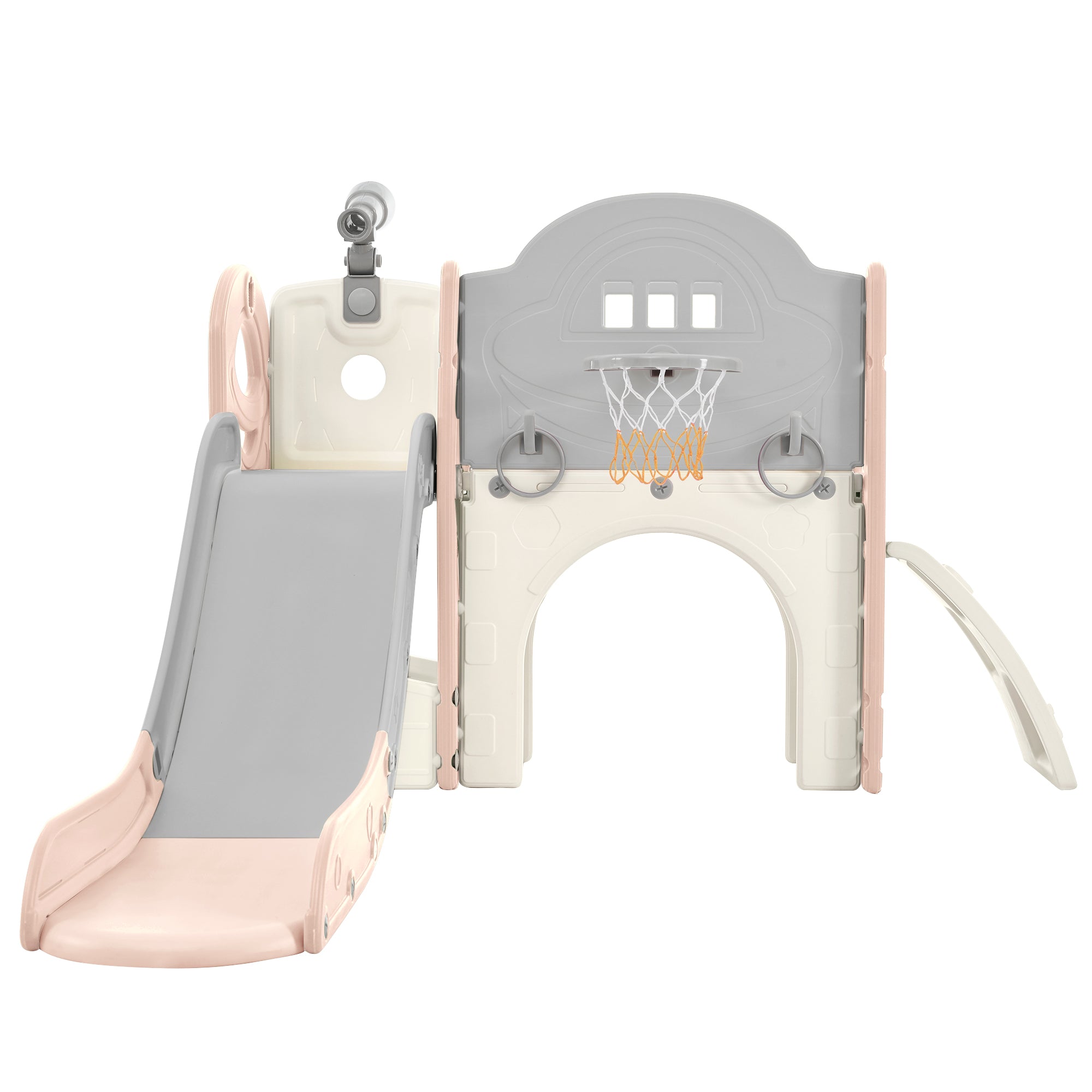 Structure de jeu pour enfants 7 en 1, vaisseau spatial autonome avec toboggan, tunnel en arche rose et gris + PEHD