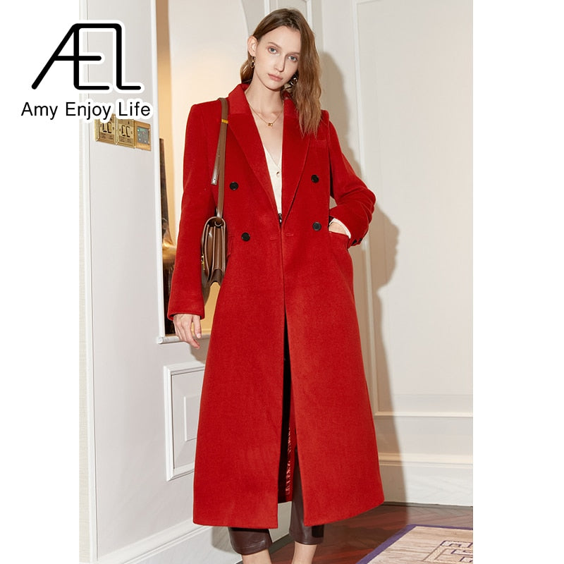 Manteau long en laine rouge à double boutonnage, style vintage, ample