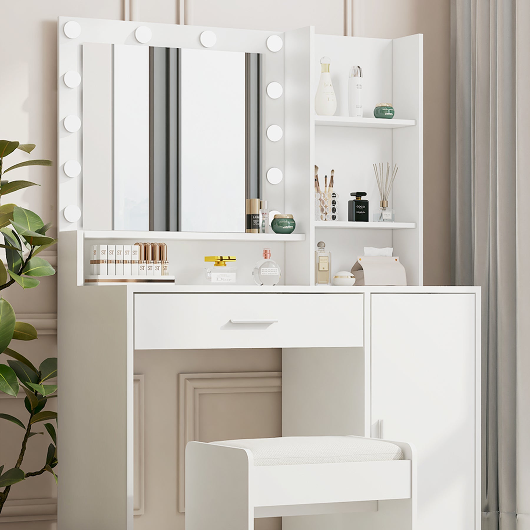 Grand tiroir avec miroir et lumière, meuble de rangement à trois niveaux, luminosité réglable pour 3 modes d'éclairage (blanc avec tabouret)