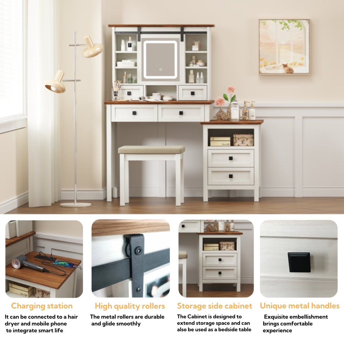 Coiffeuse de 46,5 pouces avec miroir à éclairage LED réglable et station de charge, équipée d'un tabouret rembourré moelleux