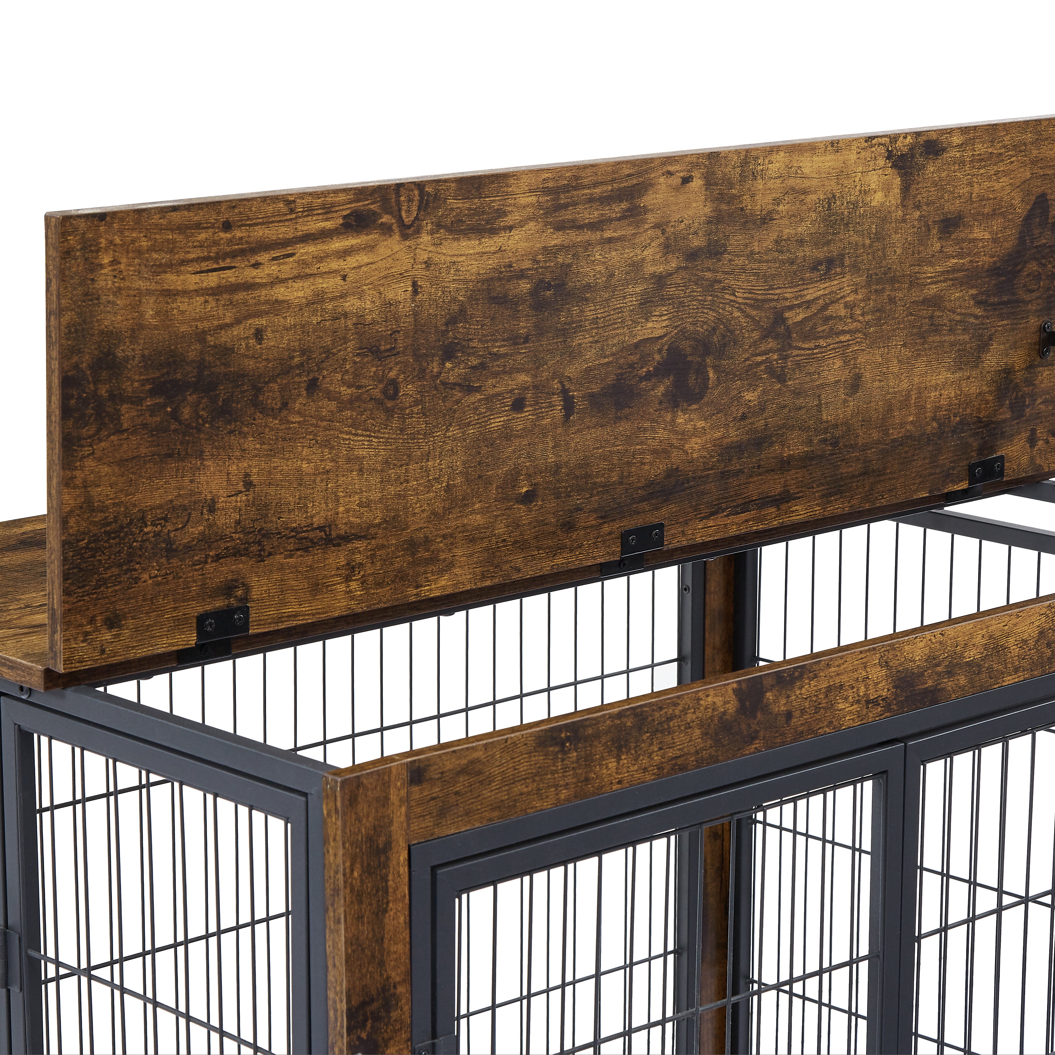 Cage pour chien avec portes doubles, brun rustique, 98 cm de largeur x 64 cm de profondeur x 69 cm de hauteur