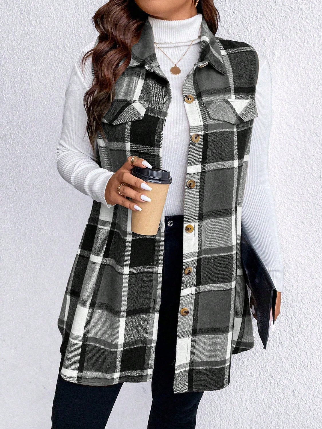 Manteau sans manches boutonné à carreaux et poches Honey grande taille
