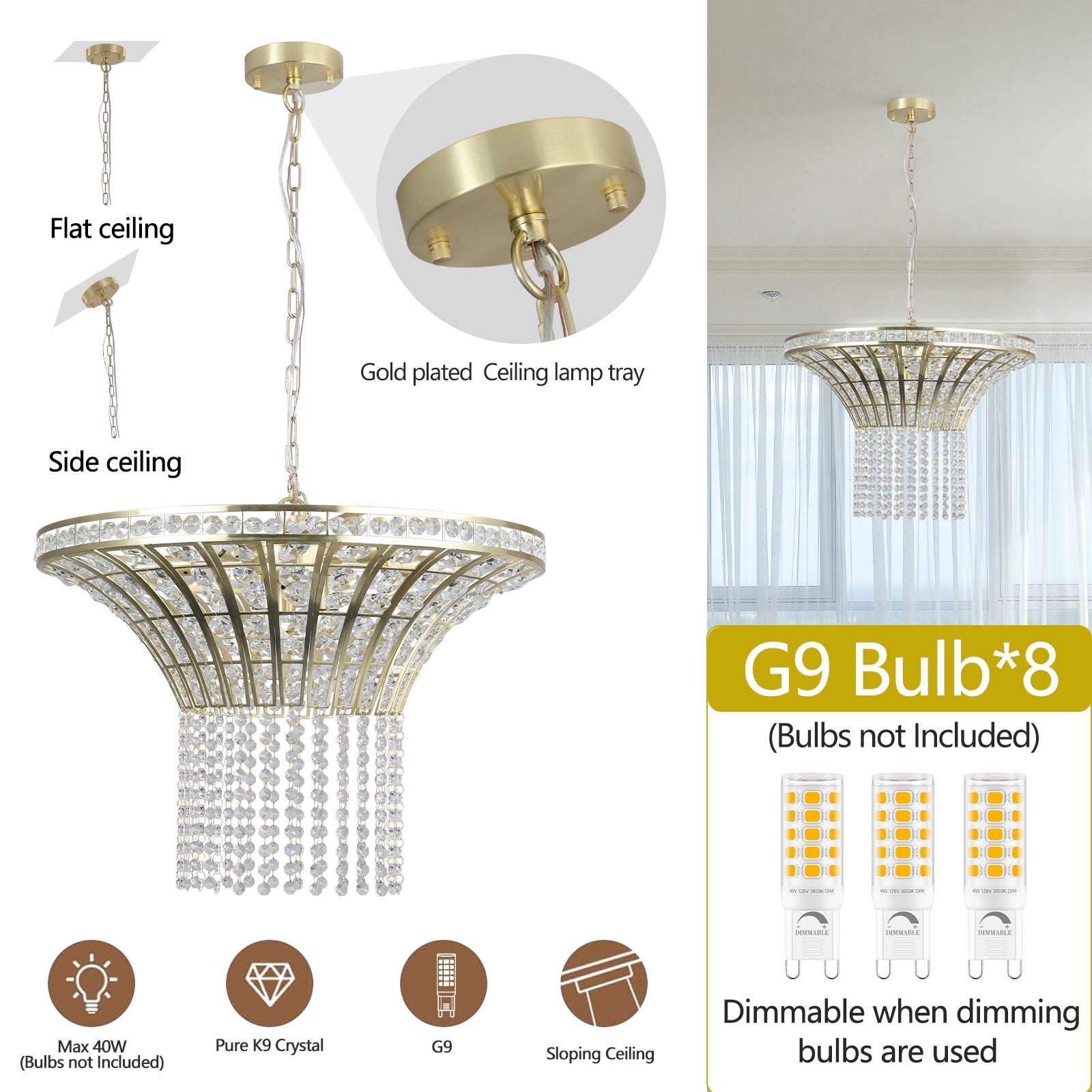 Lustre cascade en cristal à 8 lumières de 23,6 po de large