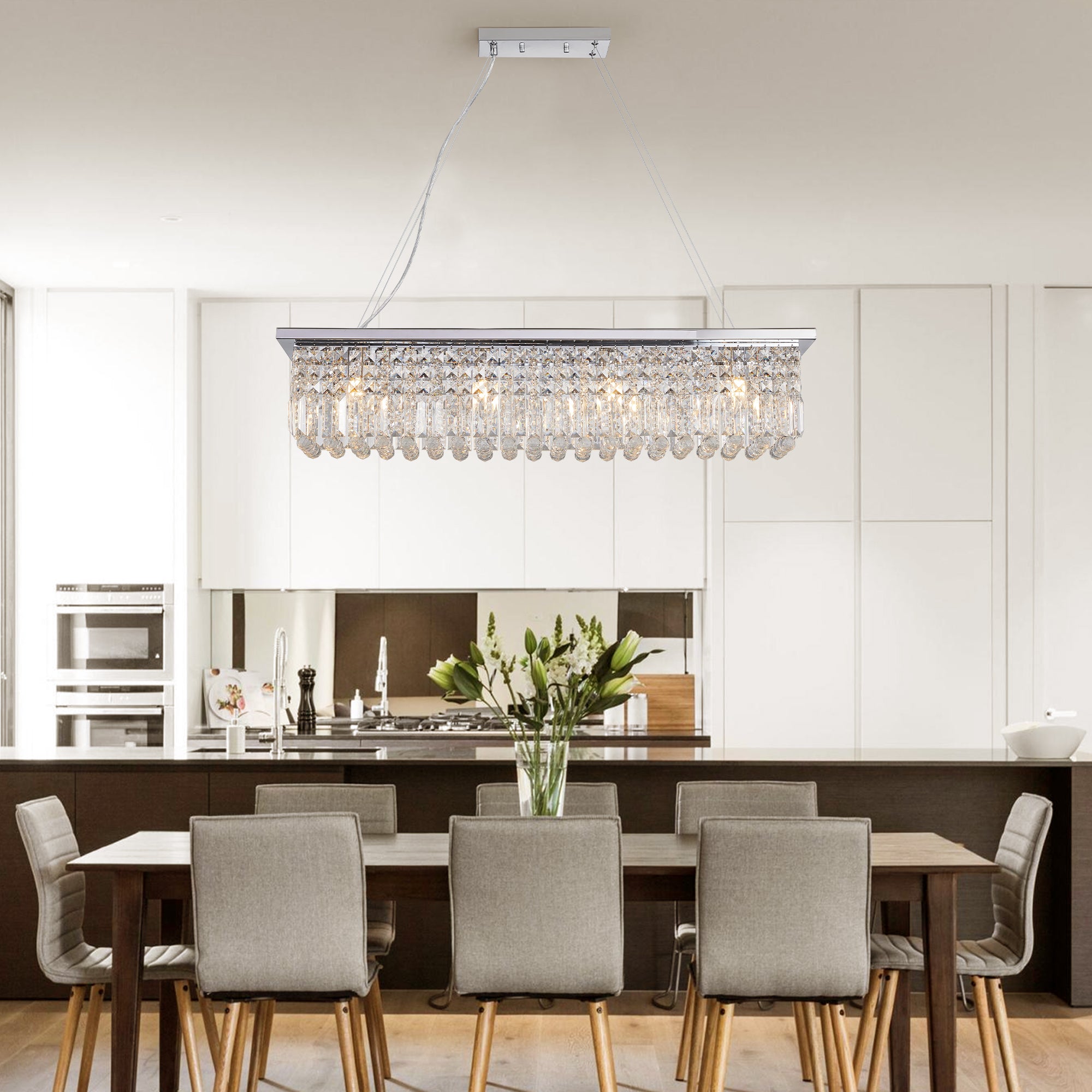 Lustre moderne en cristal pour salle à manger, 8 lumières, forme rectangulaire, blanc, forme goutte d'eau (L 99,4 x l 24,9 x H 22,1 cm) (ampoule non incluse)