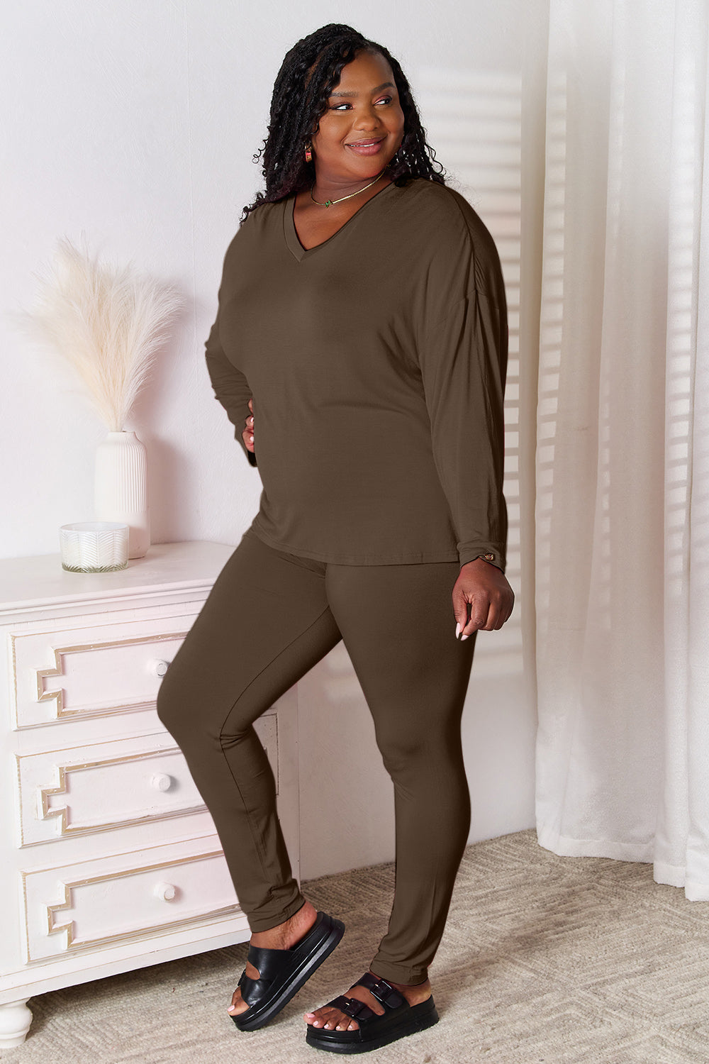 Ensemble de détente basique Bae Bamboo, haut à manches longues et pantalon à col en V, grande taille