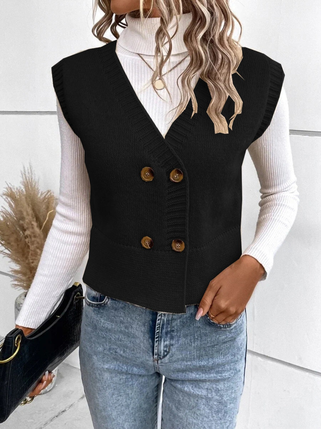 Gilet pull boutonné à col en V pleine grandeur