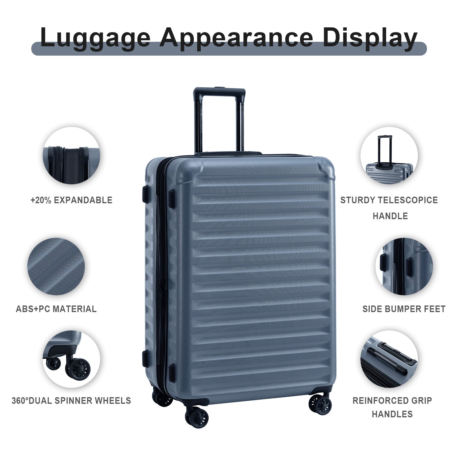 Ensemble de bagages extensibles, nouveau modèle, ABS et PC, 3 pièces, avec roulettes pivotantes, serrure TSA légère (20/24/28), gris acier