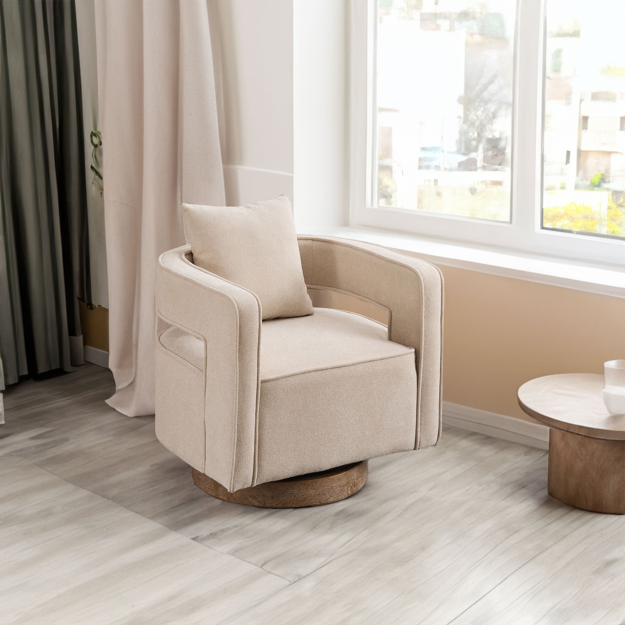 29.1"W Swivel Accent Open Back Chair Modern Comfy Sofa Chair With Weathered Base  (Beige,Linen Blend)