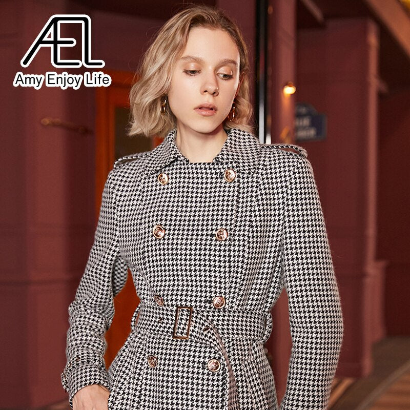 Manteau long d'hiver en laine pour femme, style trench-coat rétro pied-de-poule