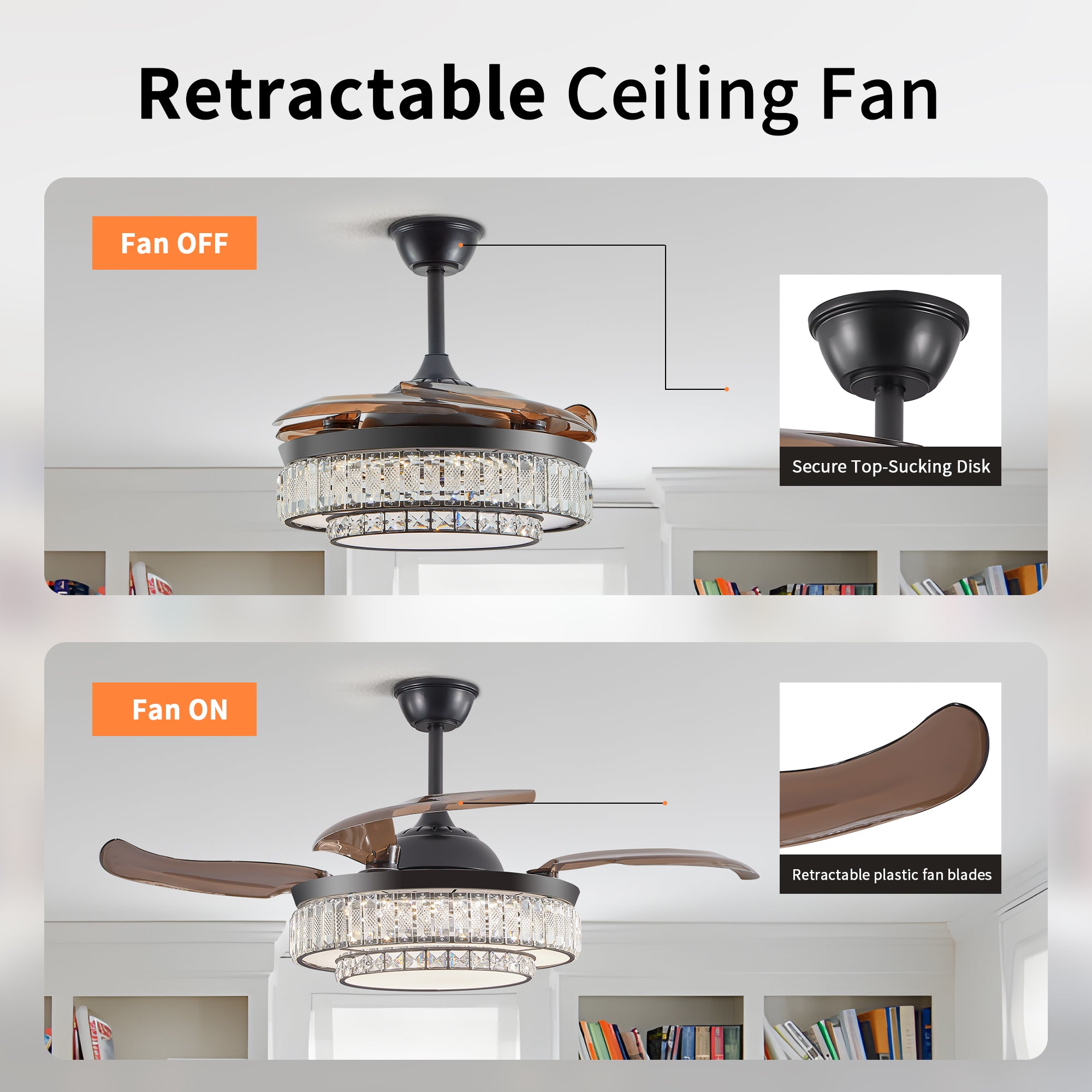 Ventilateur de plafond rétractable LED moderne avec éclairage et télécommande, moteur réversible silencieux, ventilateur de plafond moderne à 4 pales