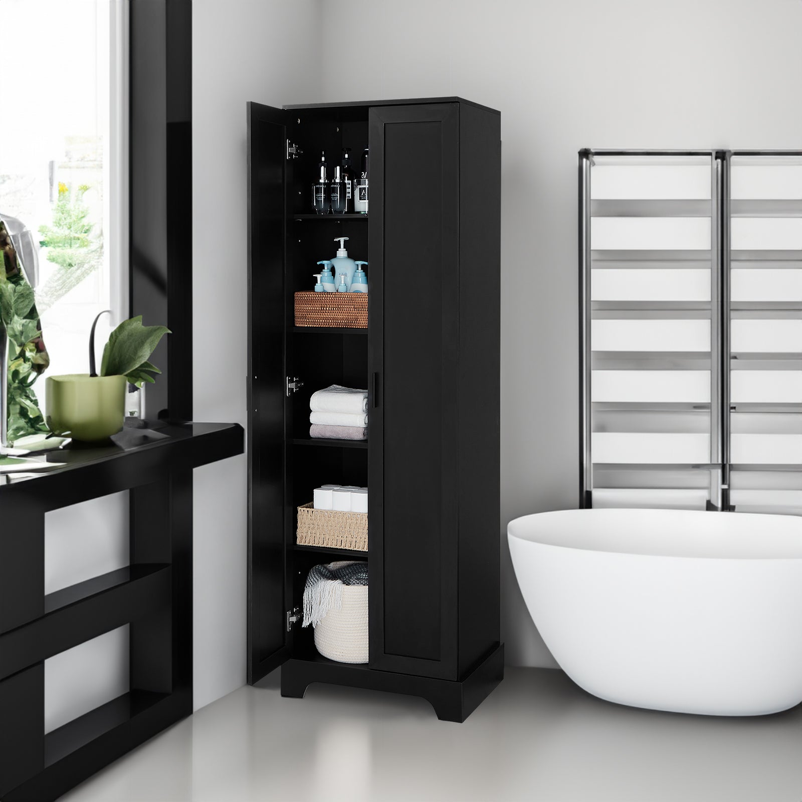 Meuble de rangement à deux portes pour salle de bain et bureau, étagère réglable, panneau MDF, noir
