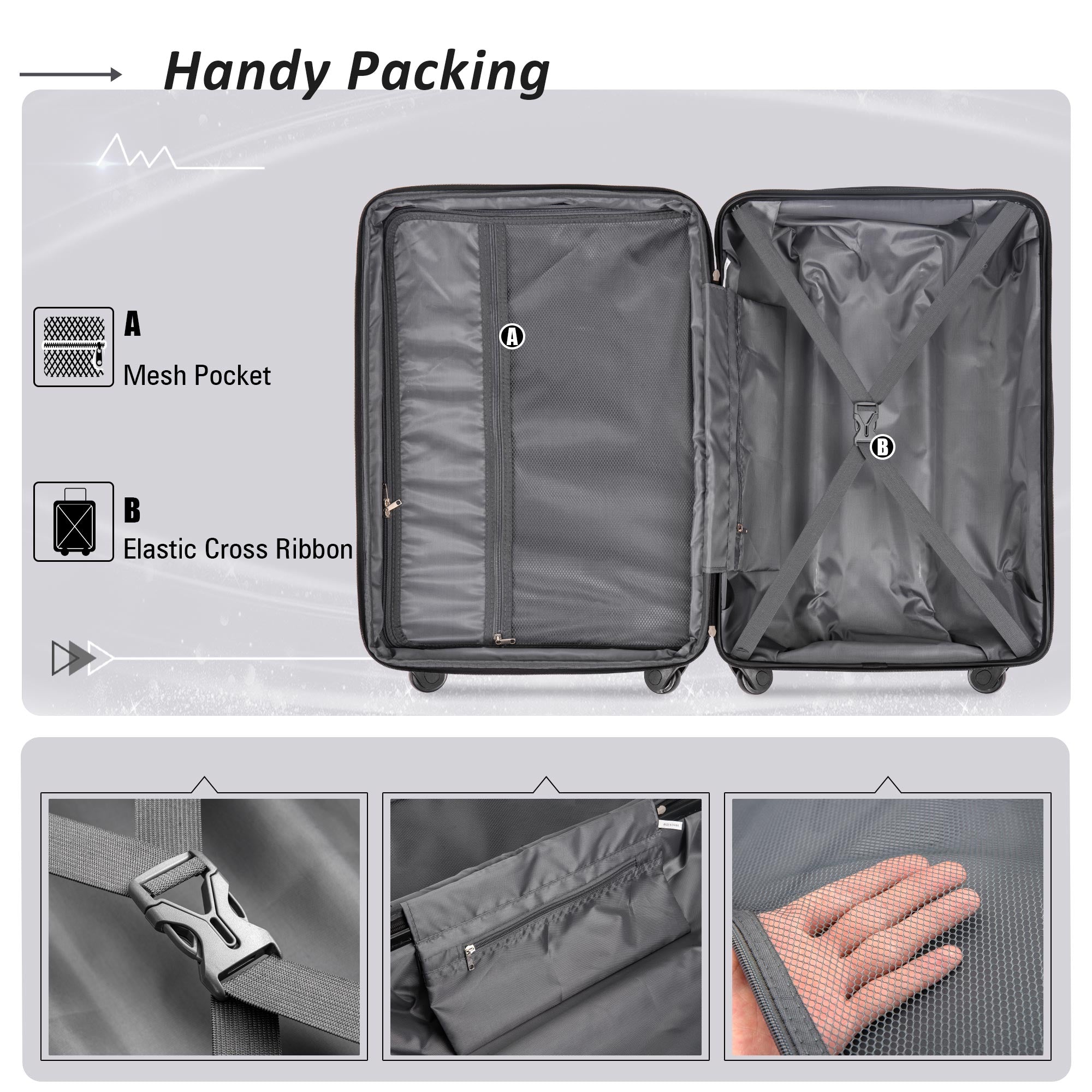 Ensemble de 2 valises extensibles à roulettes pivotantes, valise légère en ABS avec serrure TSA, 20 pouces et 24 pouces, gris foncé et plastique