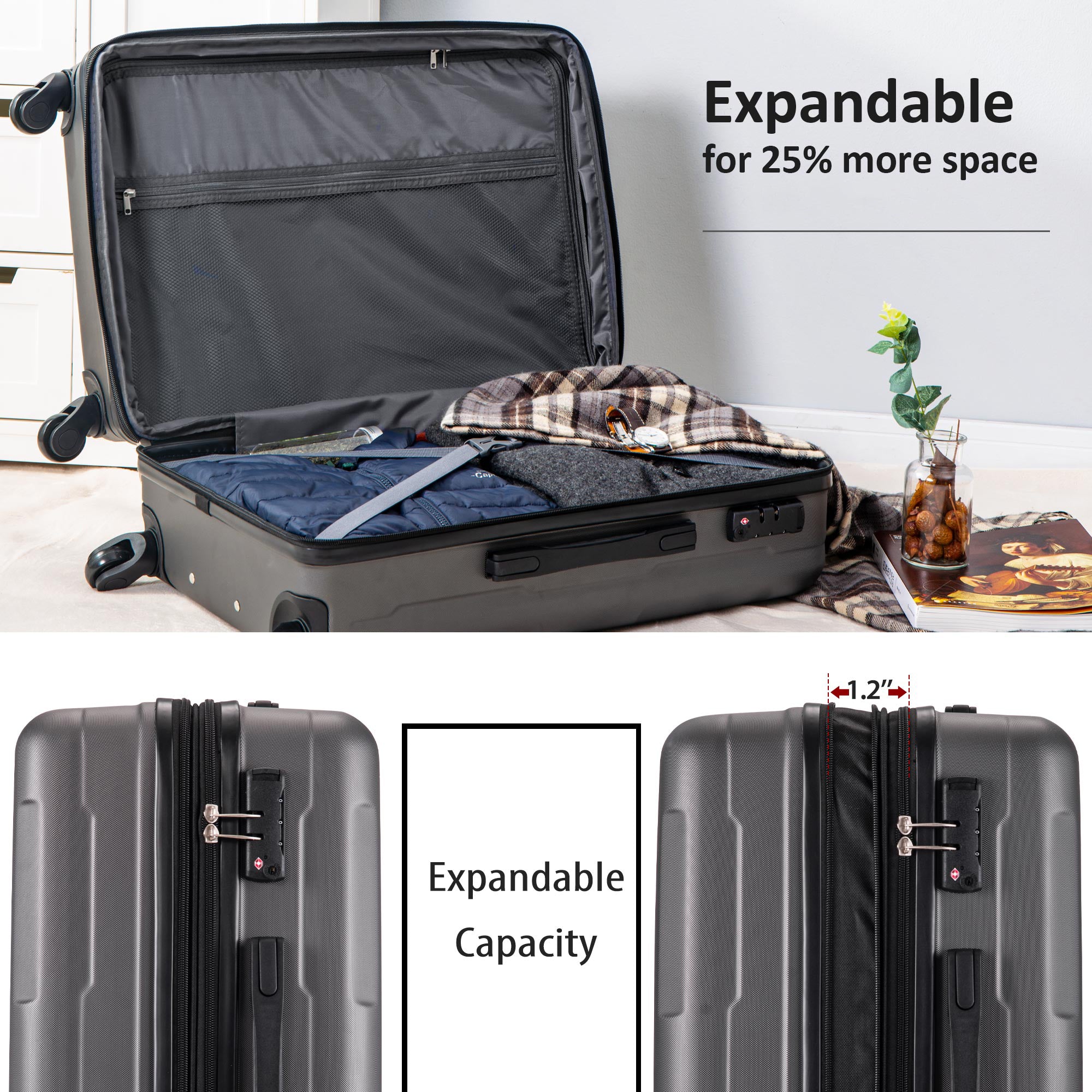 Ensemble de 2 valises extensibles à roulettes pivotantes, valise légère en ABS avec serrure TSA, 20 pouces et 24 pouces, gris foncé et plastique