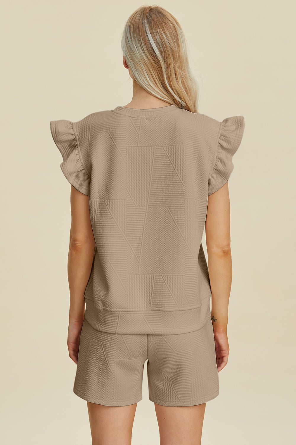 Ensemble haut et short texturés à col rond et manches à volants Double Take