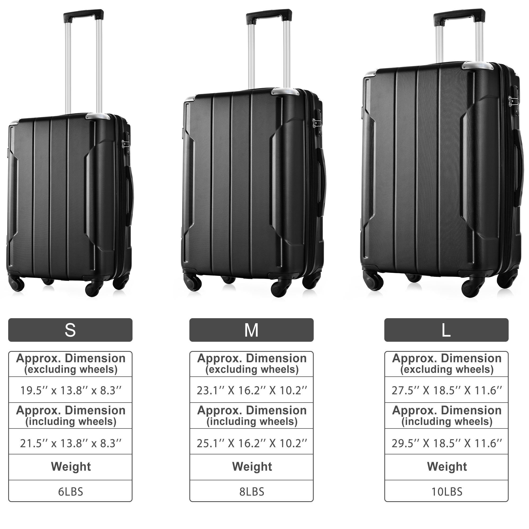 Ensemble de 3 valises rigides à roulettes avec serrure TSA, légères, 50,8 cm, 61 cm, 71 cm, noires et ABS