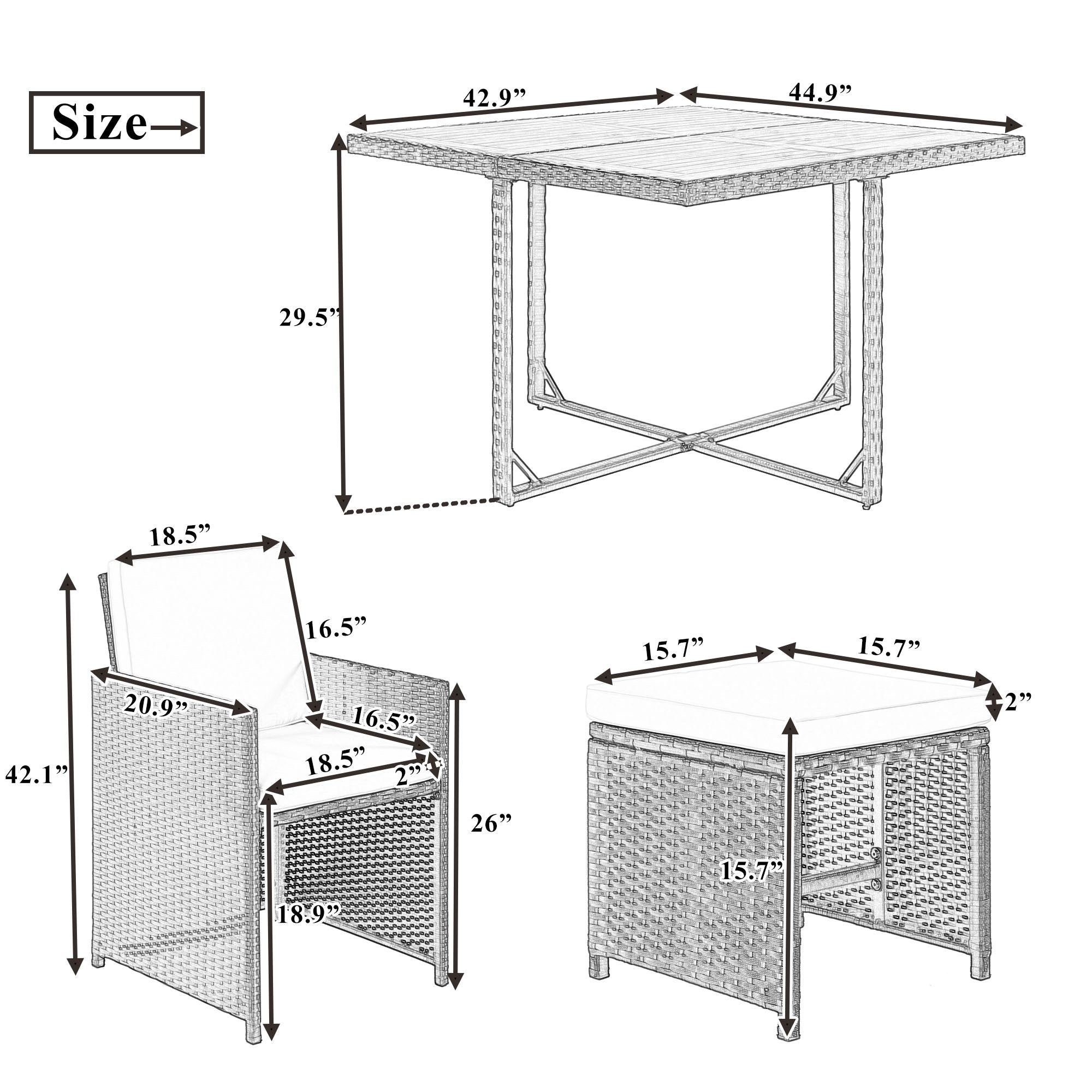 Ensemble de salle à manger TOPMAX Patio en osier PE toutes saisons avec plateau en bois pour 8 personnes, rotin noir et coussin beige (9 pièces)