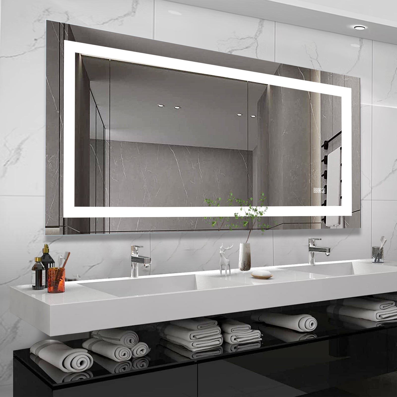 Miroir de salle de bain à LED 72 x 36 pouces avec éclairage, antibuée et variateur d'intensité. Miroir de salle de bain à LED