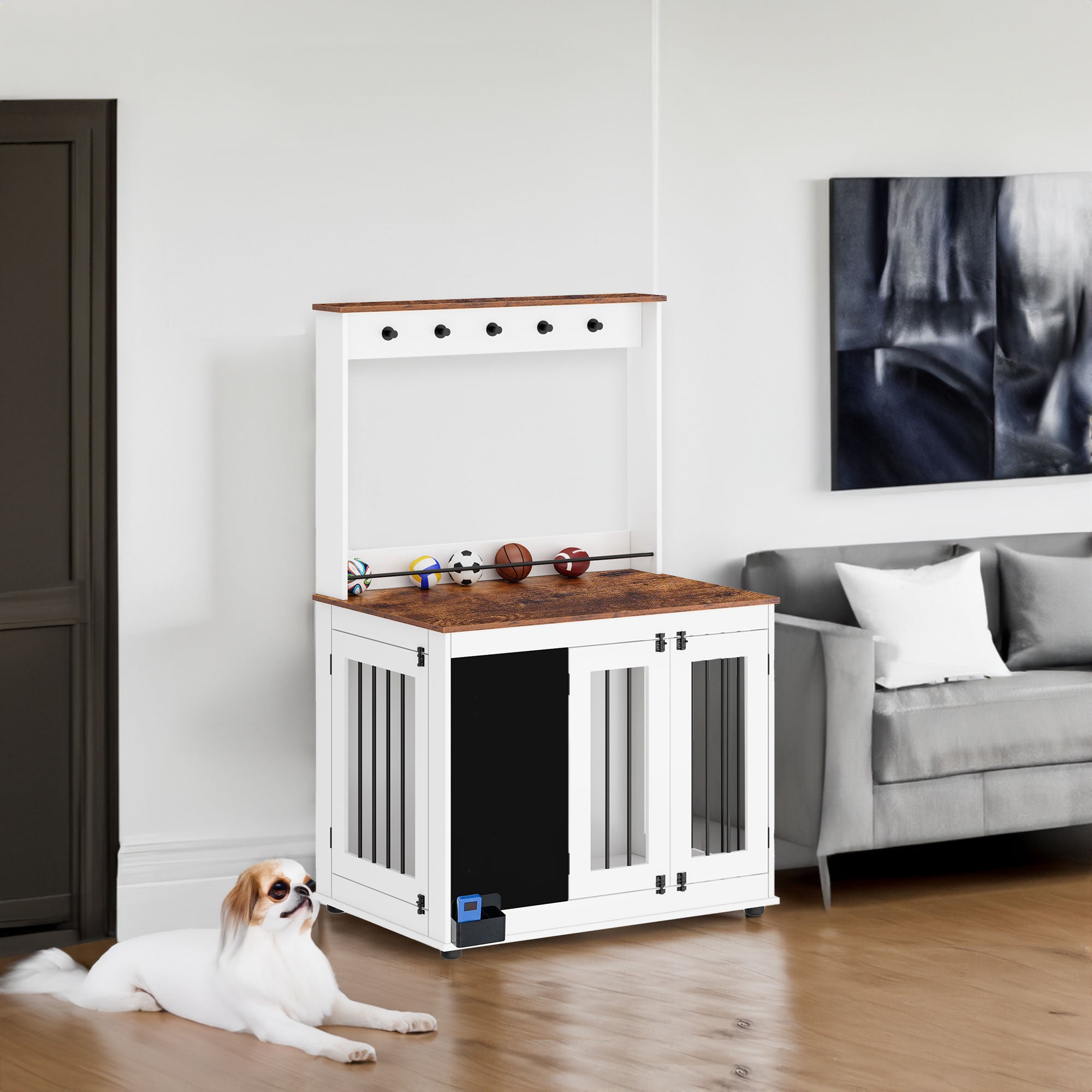 Cage pour chien, cage pour chien Graffiti, chenil avec doubles portes, mobilier d'intérieur de cage, cage pour chien en bois lourd, grand chien, blanc