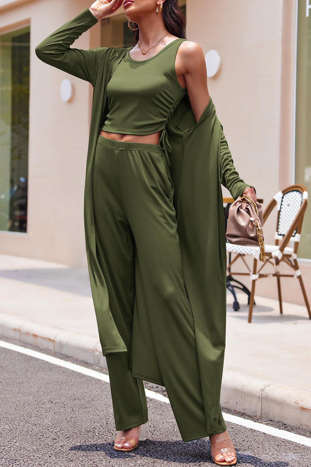 Ensemble débardeur à cordon, cache-maillot à manches longues et pantalon