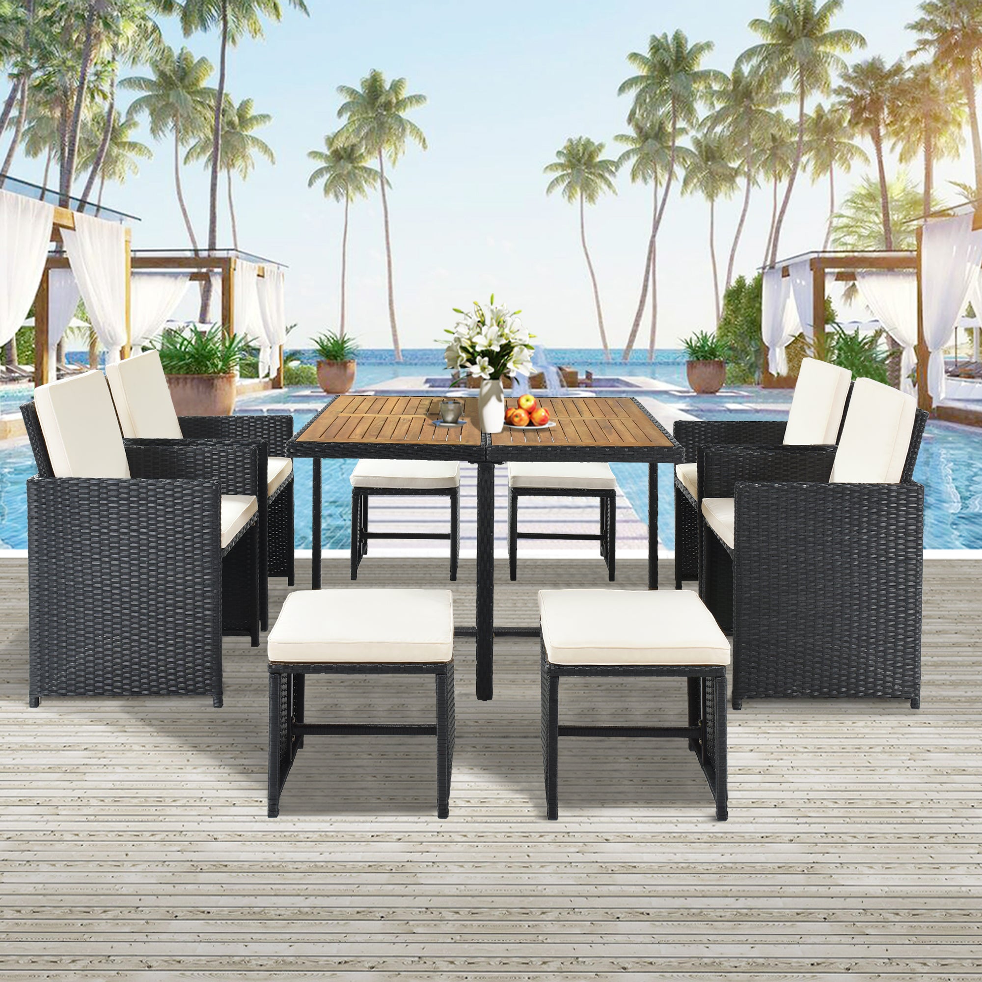 Ensemble de salle à manger TOPMAX Patio en osier PE toutes saisons avec plateau en bois pour 8 personnes, rotin noir et coussin beige (9 pièces)