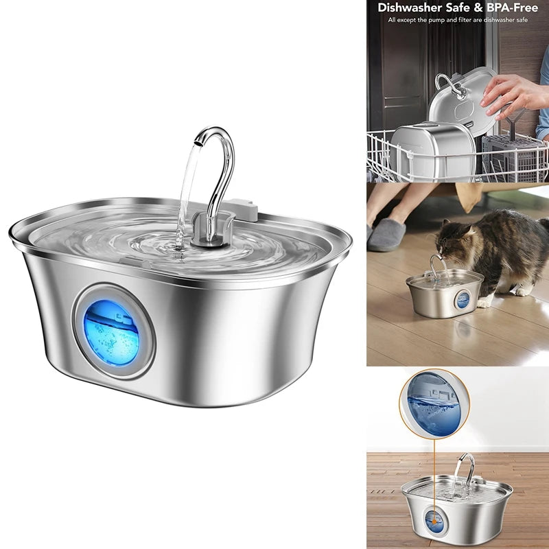 Fontaine à eau pour chat 3,2 L avec fenêtre de niveau d'eau, fontaine à eau automatique en acier inoxydable pour animaux de compagnie, distributeur d'eau pour chien, USB durable