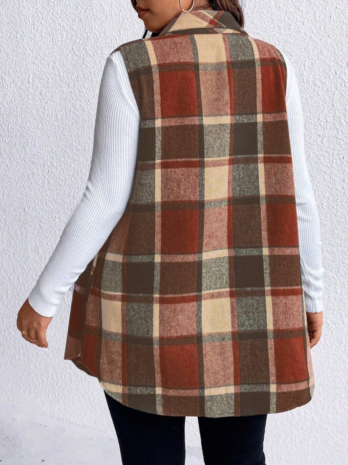 Manteau sans manches boutonné à carreaux et poches Honey grande taille