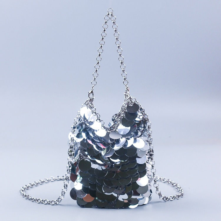 Sac à paillettes en métal écailles de poisson tissé à la main sac de téléphone portable à paillettes de banquet sac à bandoulière pour femmes