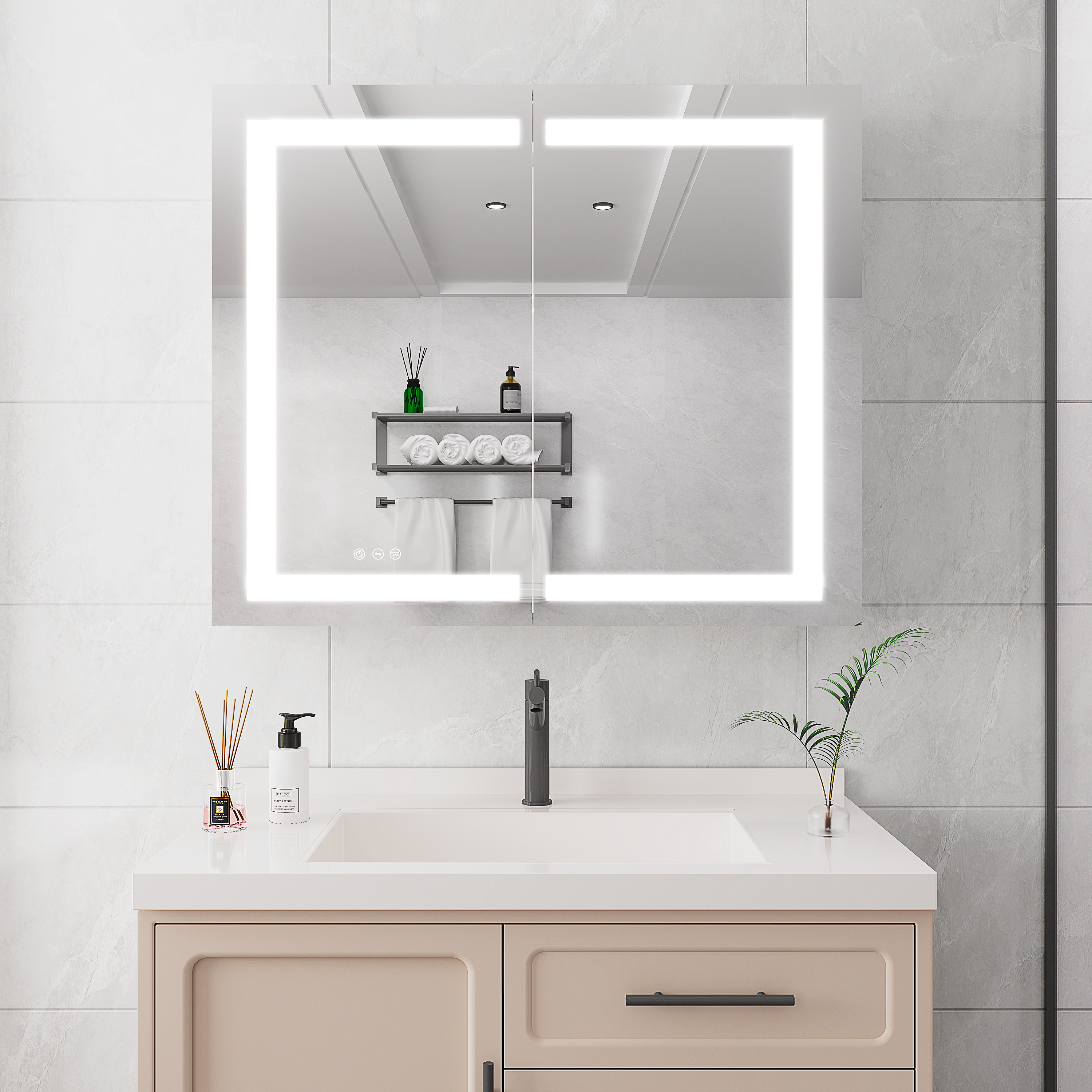 Armoire à pharmacie 36 x 30 pouces avec miroir de courtoisie à LED, antibuée, encastrée ou en saillie, étanche, à intensité variable, en aluminium, avec éclairage 3000 K ~ 6000 K, double porte et interrupteur tactile.