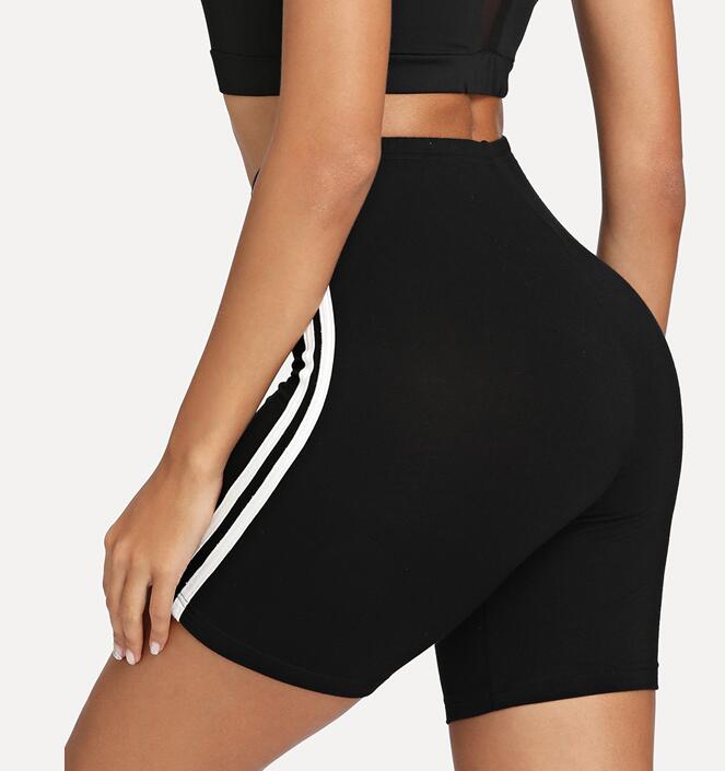 Short cycliste à rayures contrastées sur les côtés pour femme, vêtement de sport, style motard, style décontracté, noir