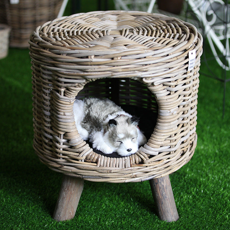 Tabouret rond en rotin pour loisirs, quatre saisons, semi-fermé, respirant, pour chat et chien, style moderne et simple