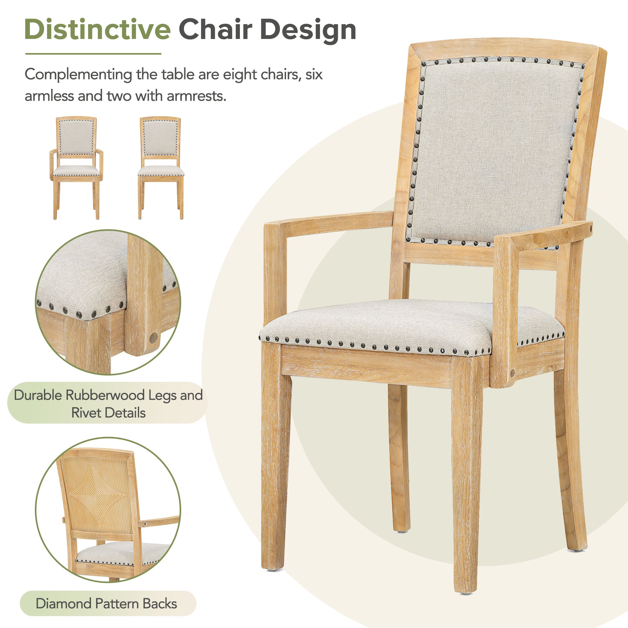 TOPMAX expandable 84 inch dining table set with 24 inch detachable leaves, 6 armless chairs and 2 armchairs 9 pieces natural