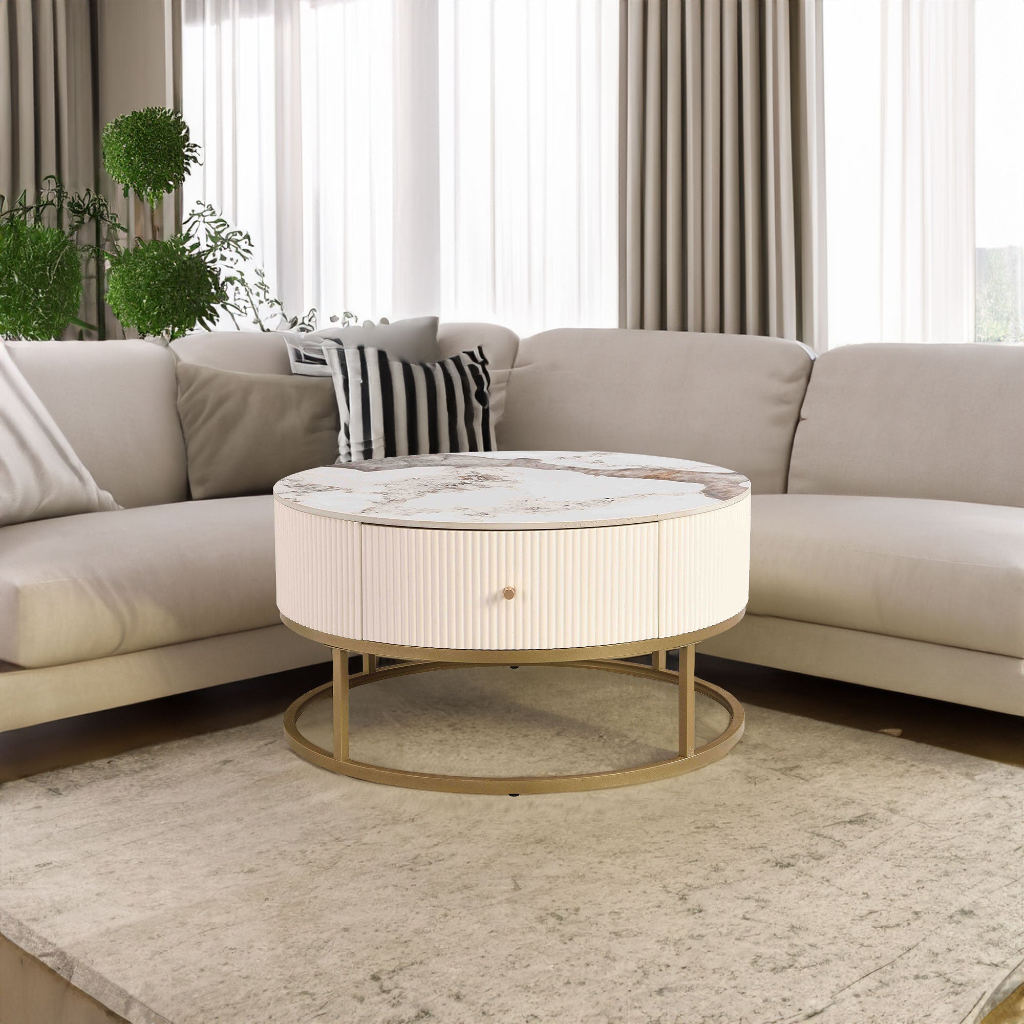 Table basse ronde moderne de 31,5 pouces avec tiroirs, table en marbre avec rangement, table basse de salon