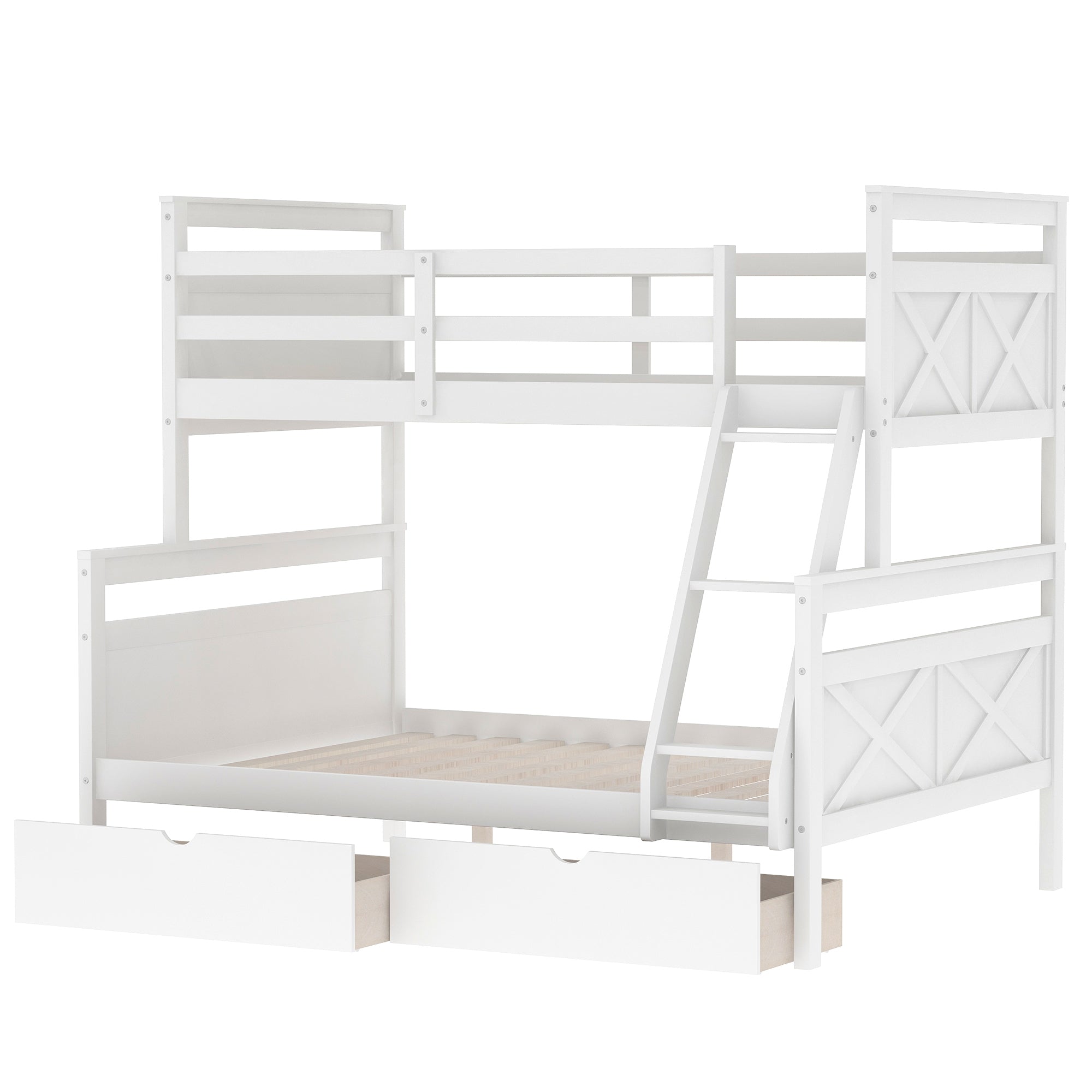 Twin over Full Bunk Bed with Ladder, Two Storage Drawers, Safety Guardrail White