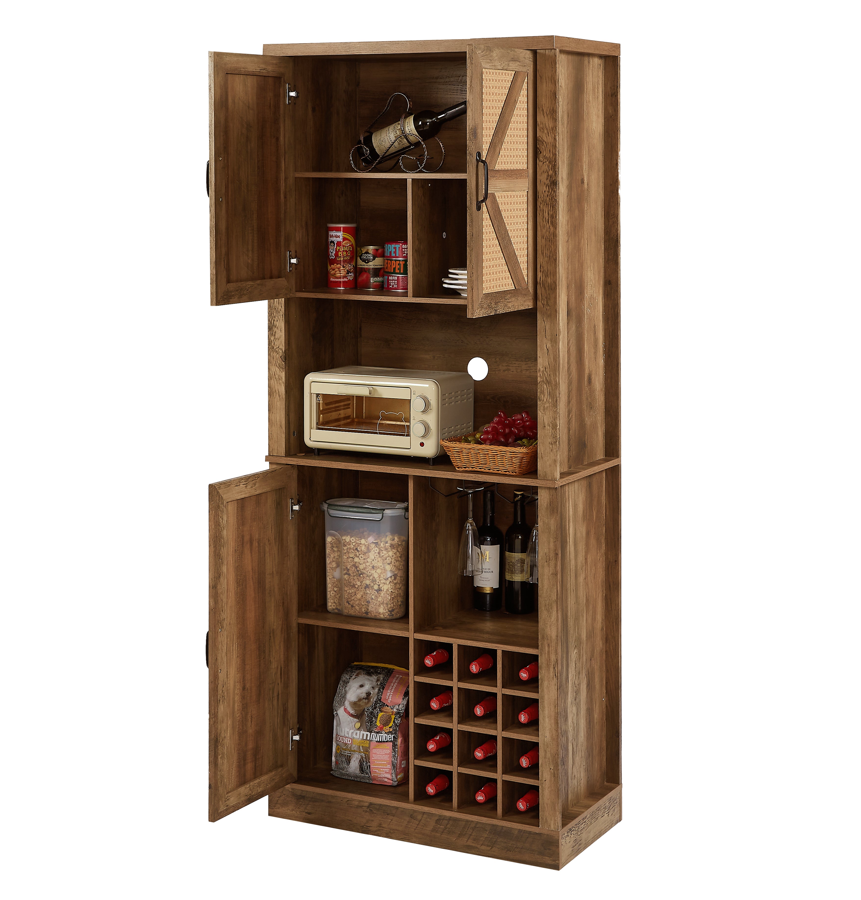 76-Inch Tall Rustic Oak Color Farmhouse Kitchen Faux Rattan Wine Cabinet, Kitchen Bar Cabinet with Square Compartments