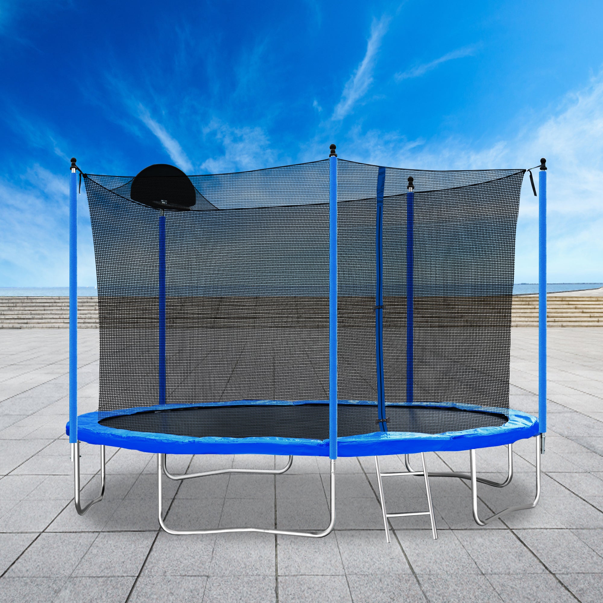 Trampoline de 12 pieds pour adultes et enfants avec panier de basket, trampolines d'extérieur avec échelle et filet de sécurité pour enfants et adultes