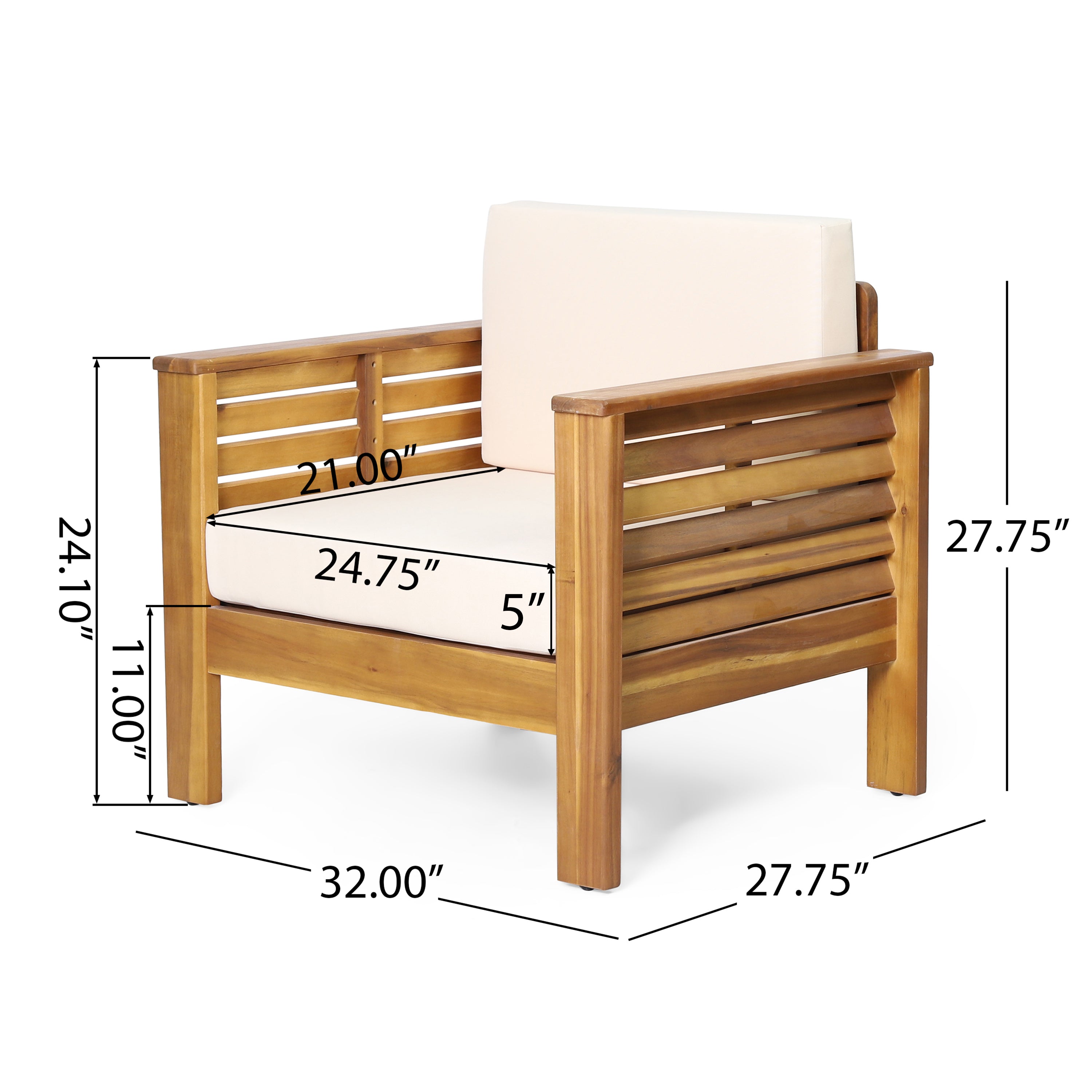 (Lot de 2) Chaises club d'extérieur en bois d'acacia avec coussins, teck + beige, 27,75"P x 32"L x 27,75"H