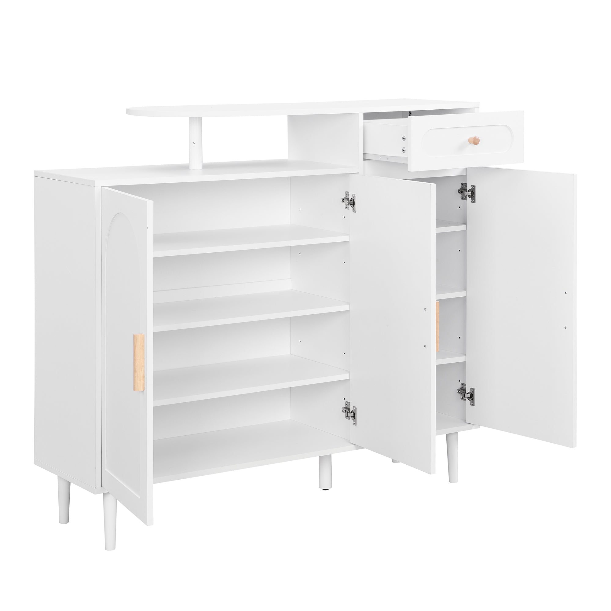 Meuble à chaussures élégant ON-TRANS avec portes et tiroirs cintrés, panneaux latéraux de rangement, étagères réglables et pieds en bois massif, blanc