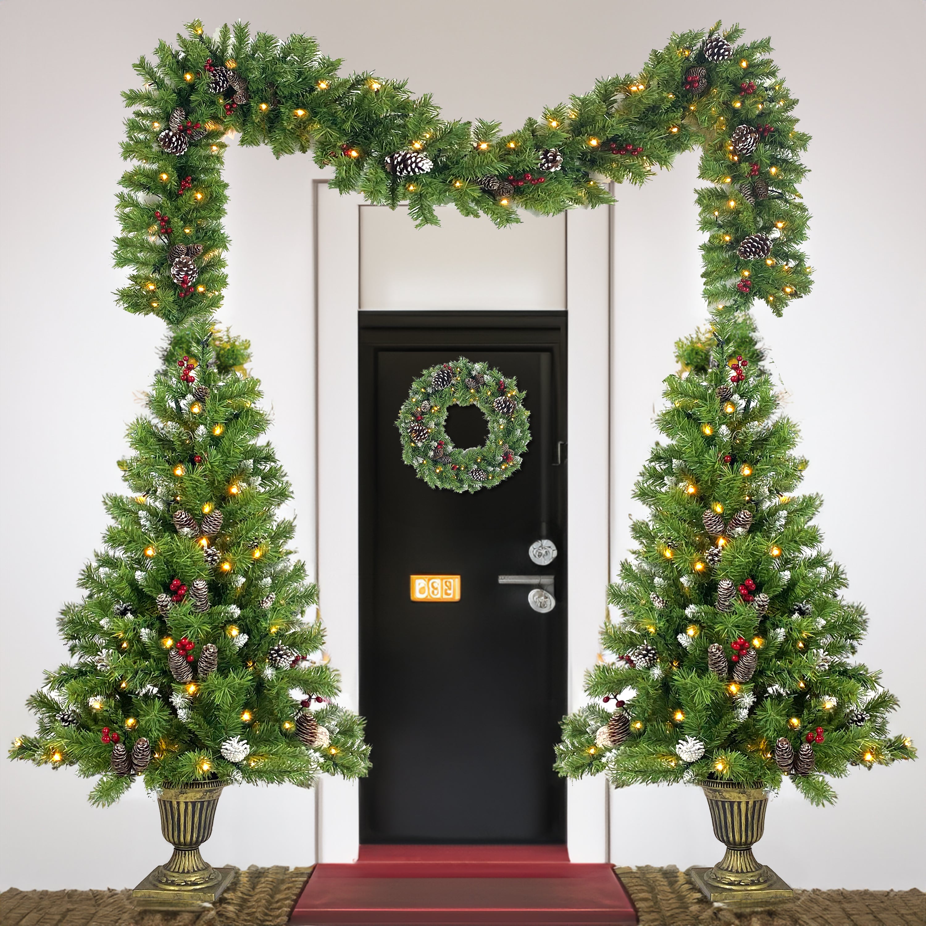 Ensemble de 4 sapins de Noël artificiels, comprenant une couronne de fleurs, une couronne de fleurs et 2 arbres d'entrée, avec lumières LED