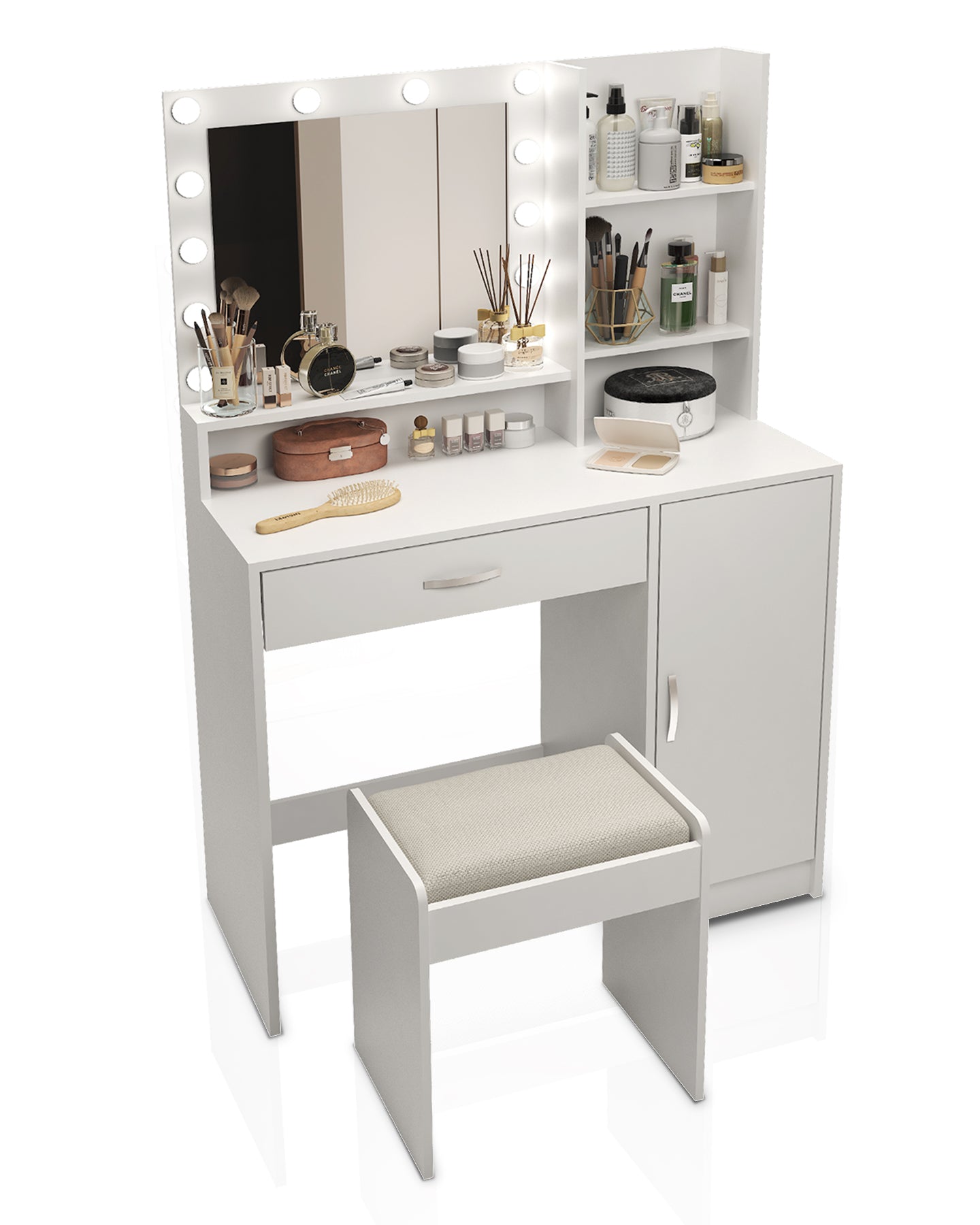 Grand tiroir avec miroir et lumière, meuble de rangement à trois niveaux, luminosité réglable pour 3 modes d'éclairage (blanc avec tabouret)