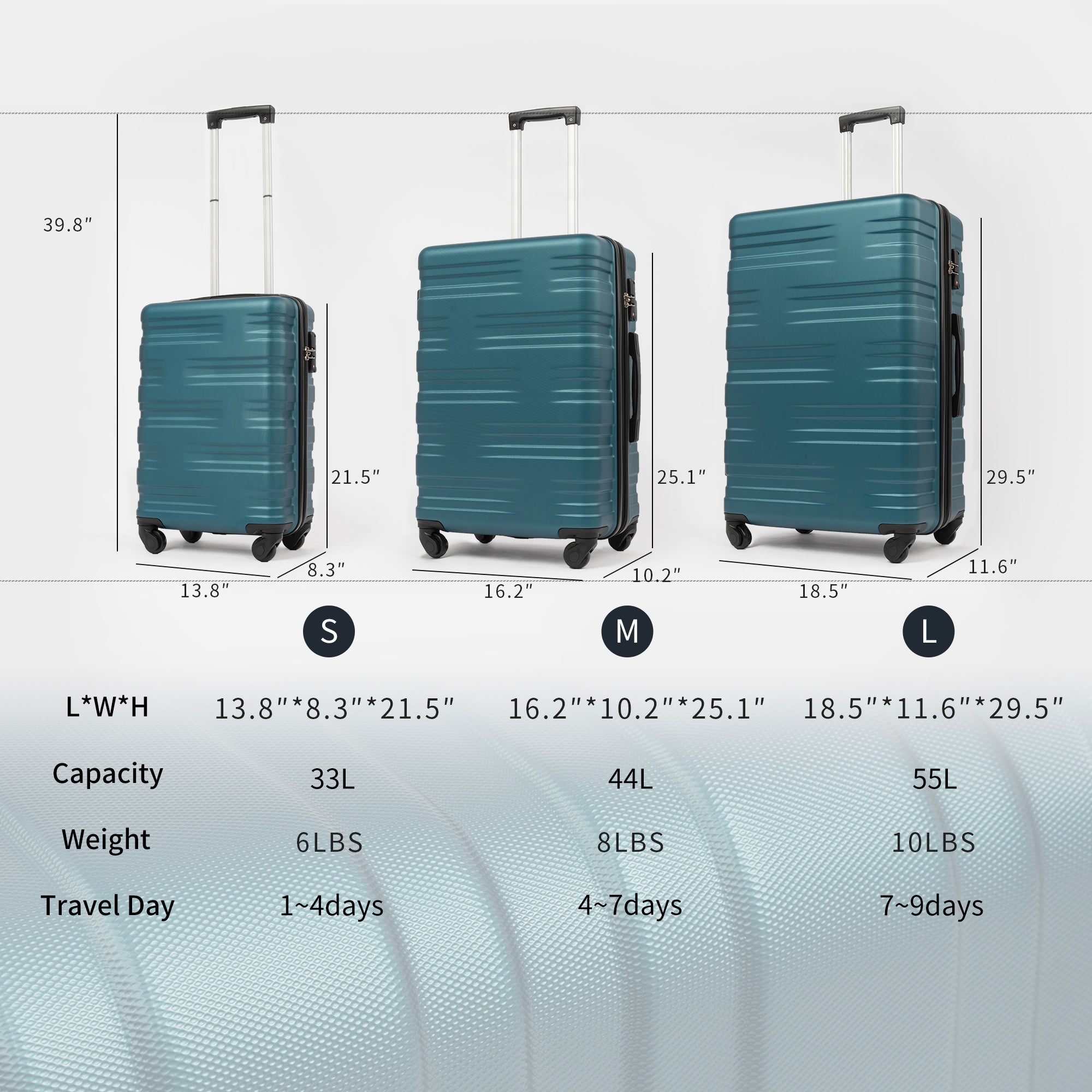 Ensemble de 3 valises rigides à roulettes avec serrure TSA, légères, 50,8 cm, 61 cm, 71 cm, bleu marine + ABS