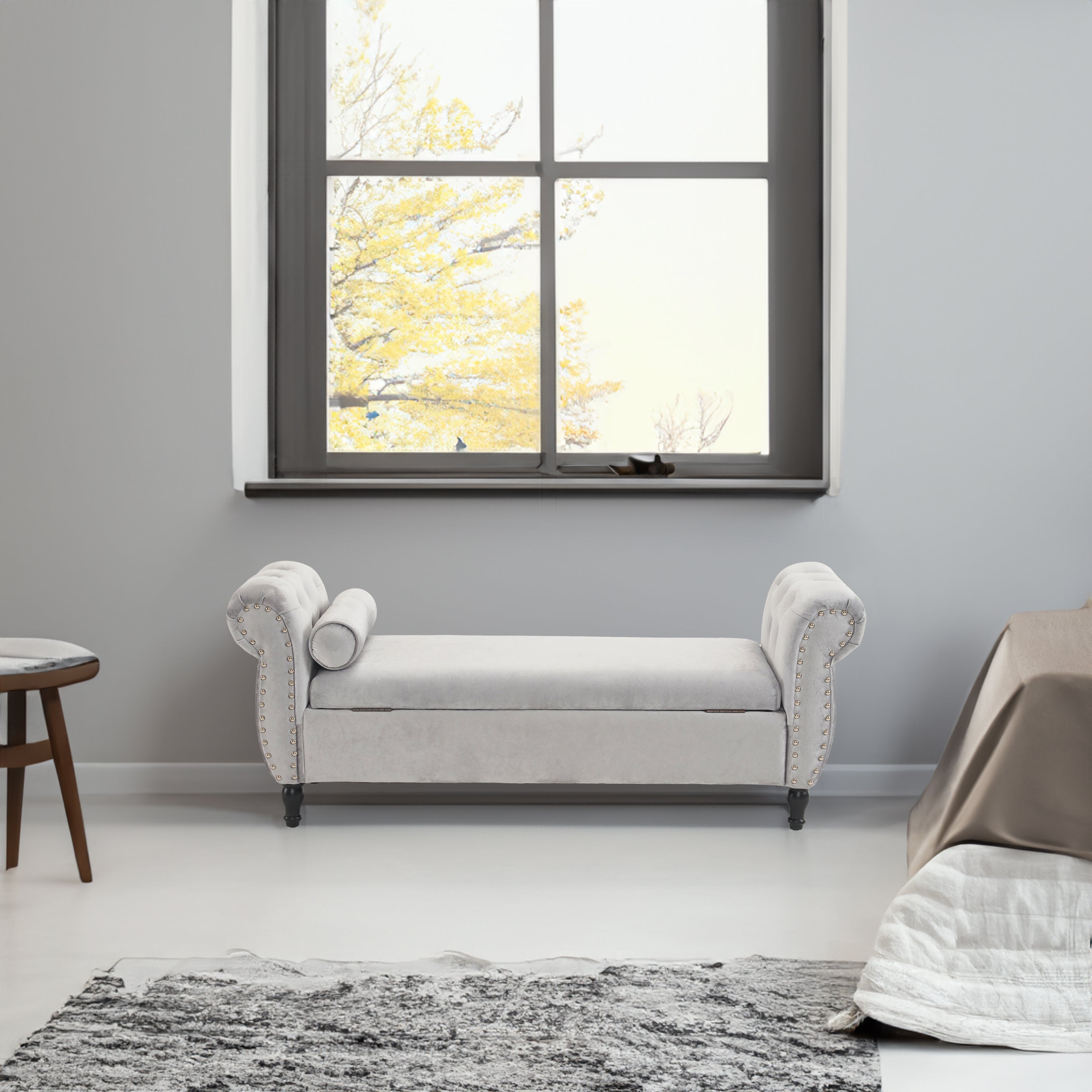 Velvet Multifunctional Storage Rectangular ottoman bench with 1 Pillow, grey