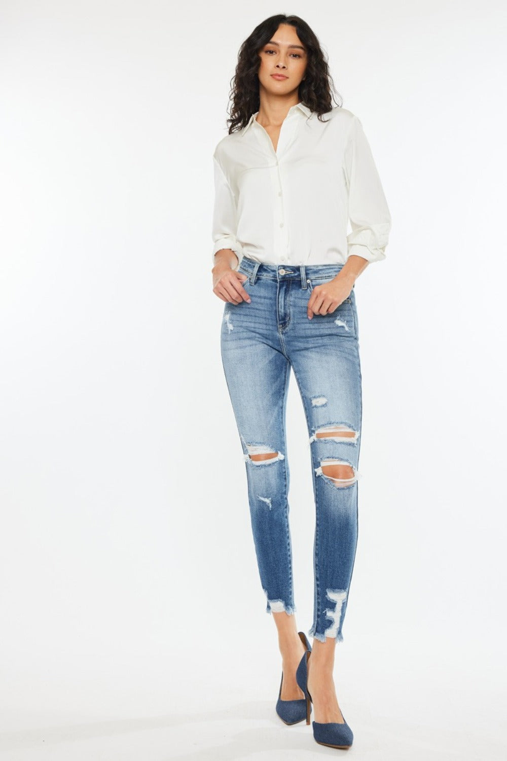 Jean skinny Kancan taille haute effiloché à la cheville