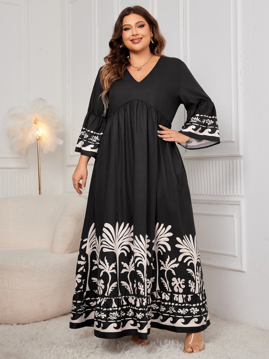 Robe longue imprimée grande taille à col en V et manches longues